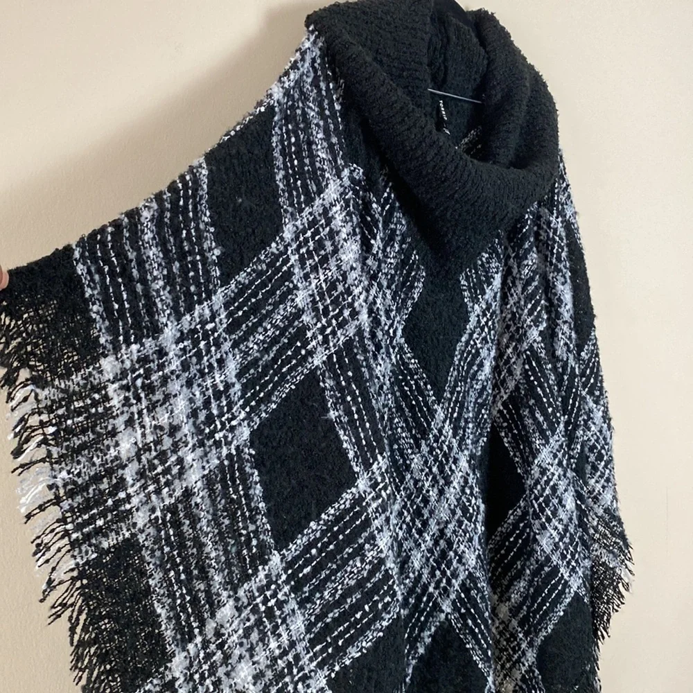 Torrid Southwestern Plaid Boho Fringe Cowl Turtleneck Poncho Sweater